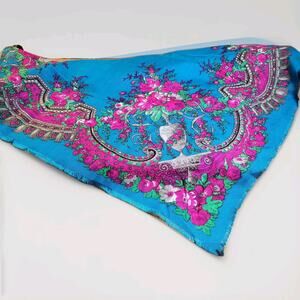 VTG Glentex Floral Scarf From Japan Turquoise & Fushia With Green Square 30x29